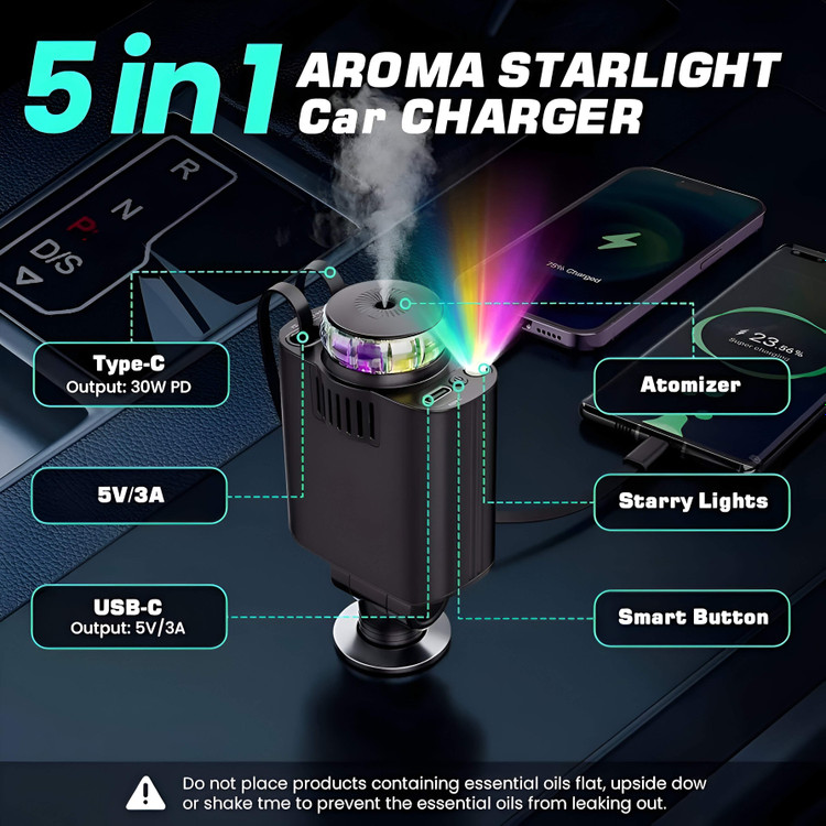 شارژر فندکی خودرو W&O مدل Starlight پنج کاره با رایحه افشانی و نورپردازی