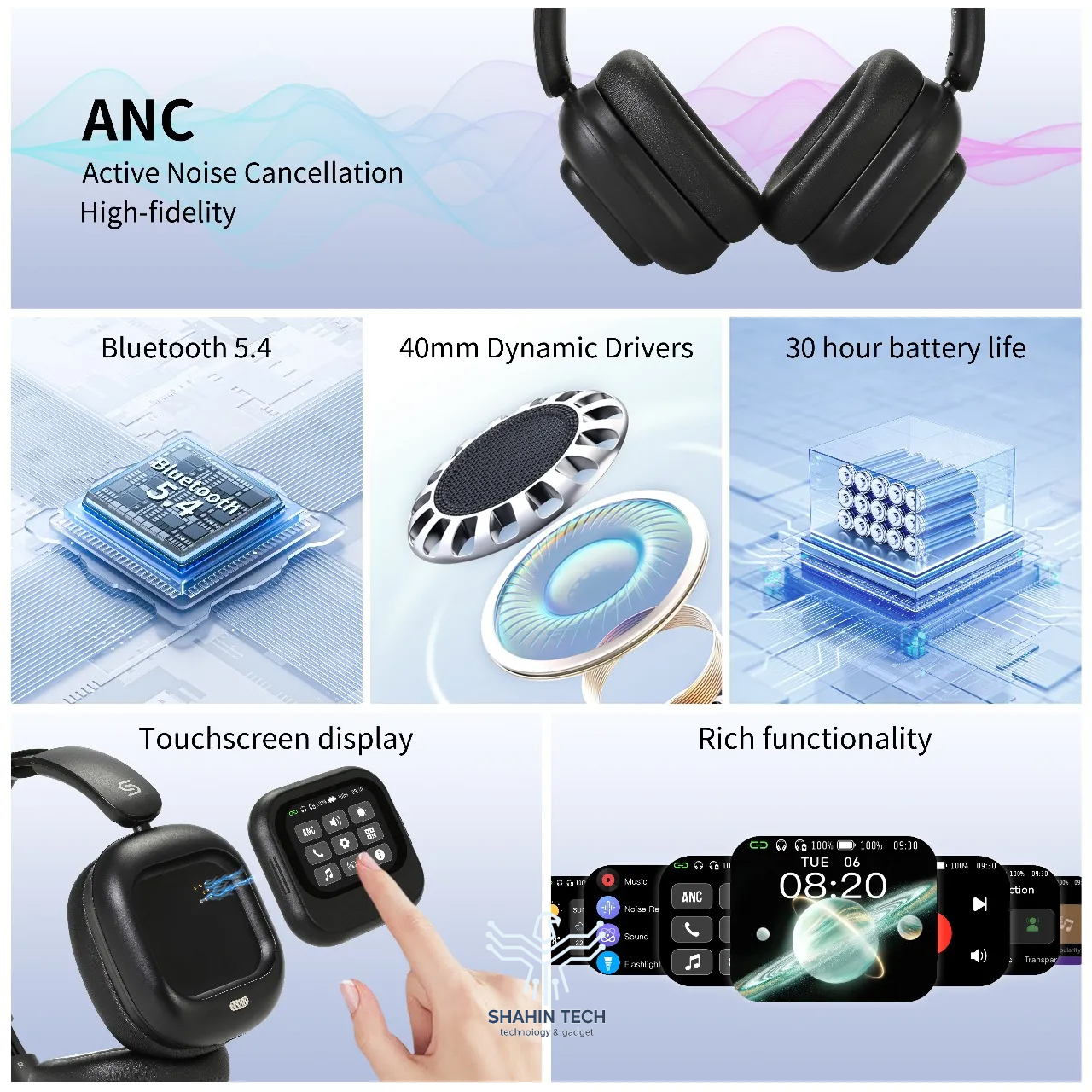 هدفون Porodo Soundtec Touchwave ANC با صفحه لمسی جداشدنی