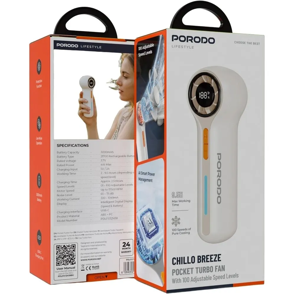 پنکه جیبی توربو پرودو Chillo Breeze مدل PDLFSTZH38BG