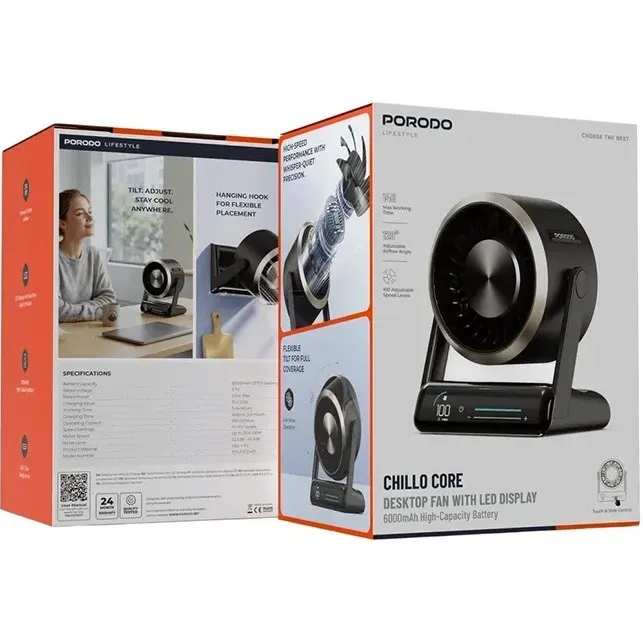 پنکه رومیزی شارژی پرودو مدل Porodo Lifestyle Chillo Core PDLFSTZH37BK