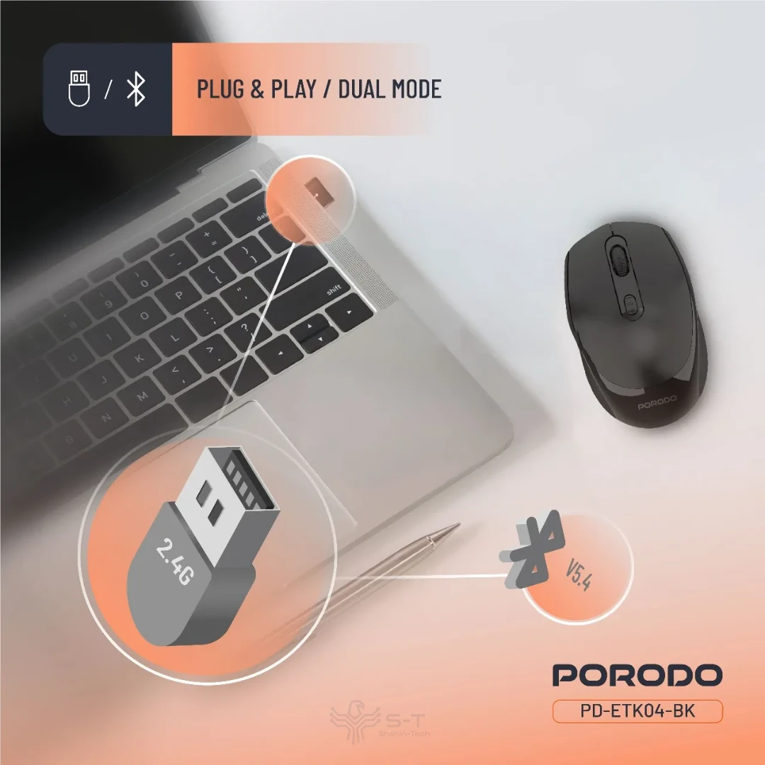 موس بیسیم شارژی بلوتوثی پرودو مدل Porodo 1600DPI Wireless Mouse PDETK04
