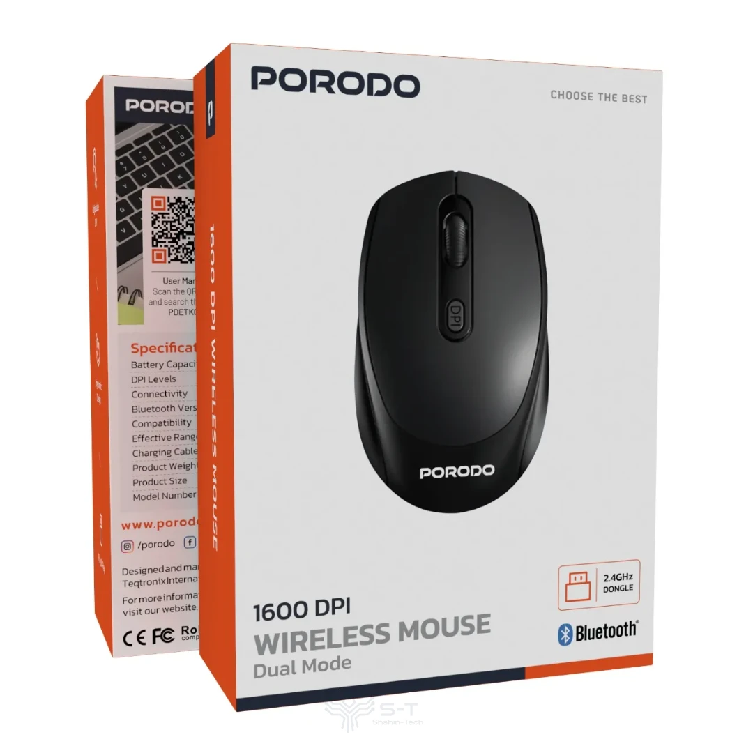 موس بیسیم شارژی بلوتوثی پرودو مدل Porodo 1600DPI Wireless Mouse PDETK04