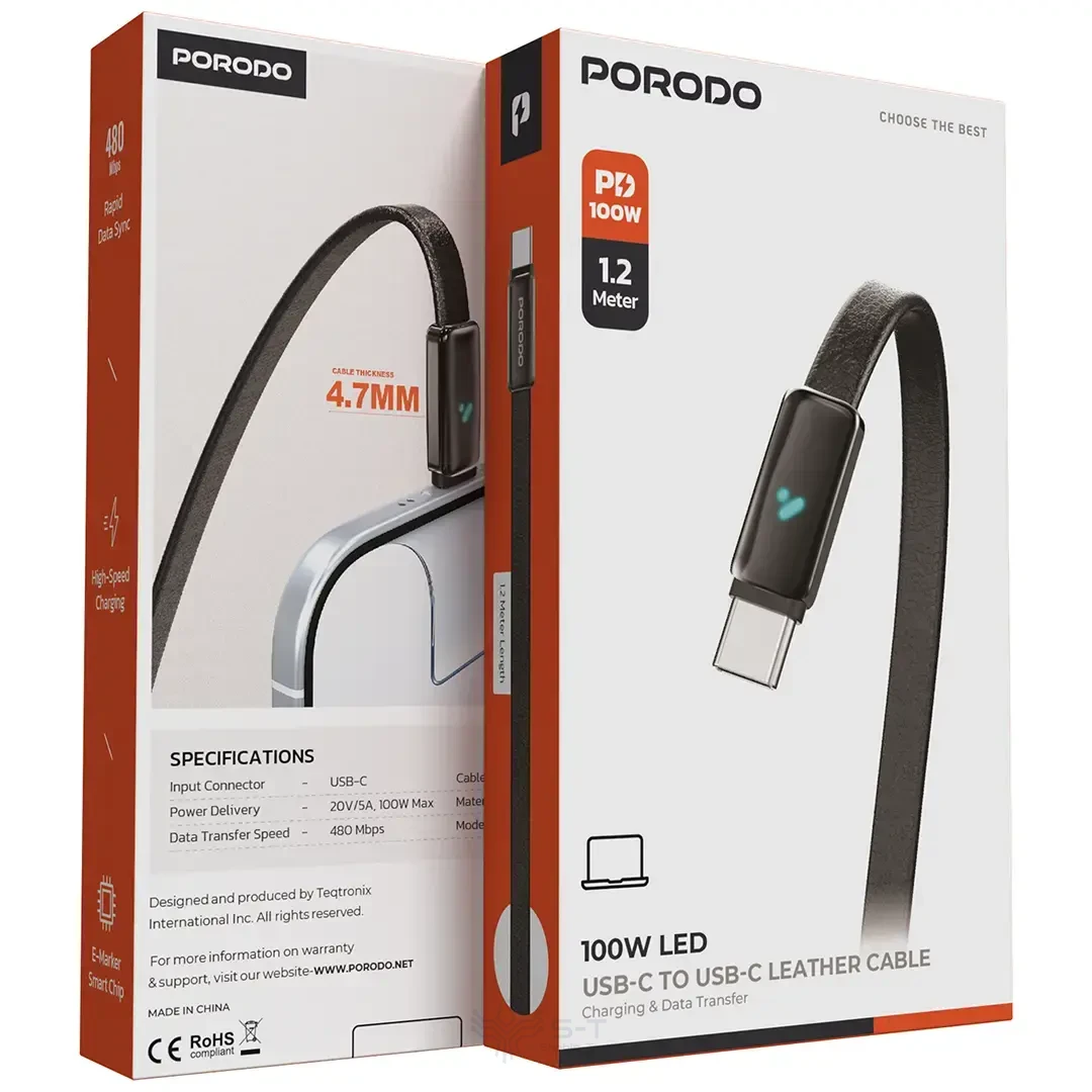 کابل شارژ و انتقال داده چرمی Porodo 100W LED USB-C به USB-C