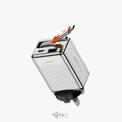 شارژر دیواری پرودو مدل Retractable با کابل جمع‌شو تایپ سی 75 سانتی‌متر و تکنولوژی GaN